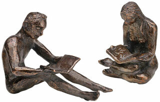 Couple de sculptures "Lecteur de livres (homme) et Lecteur de livres (femme)", métal coulé