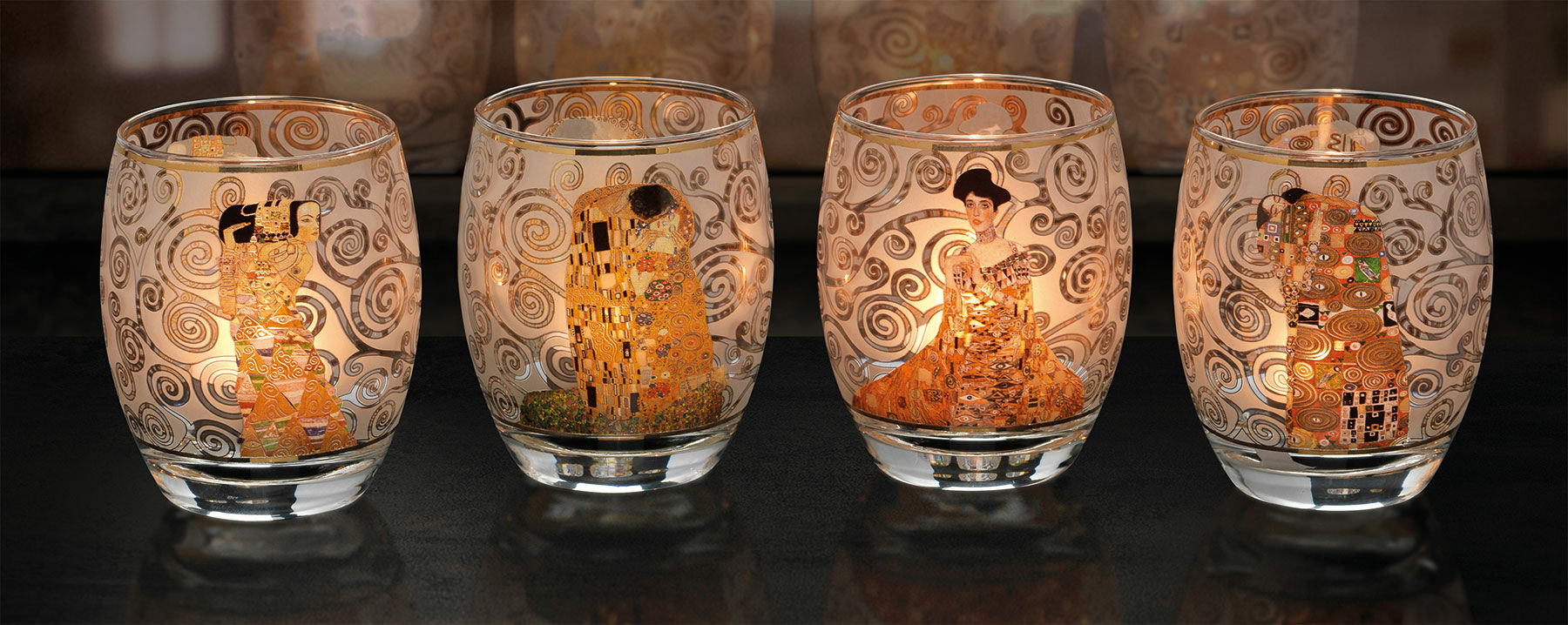 Set de 4 porte-bougies avec motifs de l'artiste von Gustav Klimt