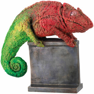 Sculpture "Caméléon rouge-vert", bronze peint à la main