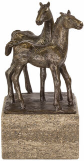 Sculpture "Couple de chevaux", fonte de pierre bronzée