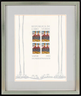 Tableau "Vapor - The Cabo Verde Steamer". Édition spéciale avec 4 timbres à 50 Escudos, rouge von Friedensreich Hundertwasser