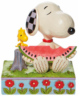 Sculpture "Snoopy et Woodstock mangeant du melon", fonte
