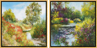 Ensemble de 2 tableaux "Plaine de Grimaud" + "A Giverny le Jardin de Monet", encadrés von Jean-Claude Cubaynes