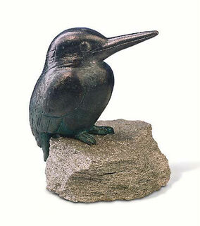 Sculpture de jardin "Martin-pêcheur", cuivre sur pierre