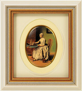 Tableau miniature en porcelaine "Une dame versant du chocolat" (vers 1744), encadré