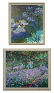 Ensemble de 2 tableaux "Nymphéas jaunes et agapanthes" + "Parterre d'iris dans le jardin de Monet"