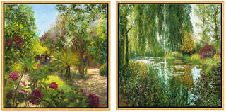 Ensemble de 2 tableaux "Le Jardin, St. Tropez" + "Giverny le Soir", version encadrée dorée von Jean-Claude Cubaynes