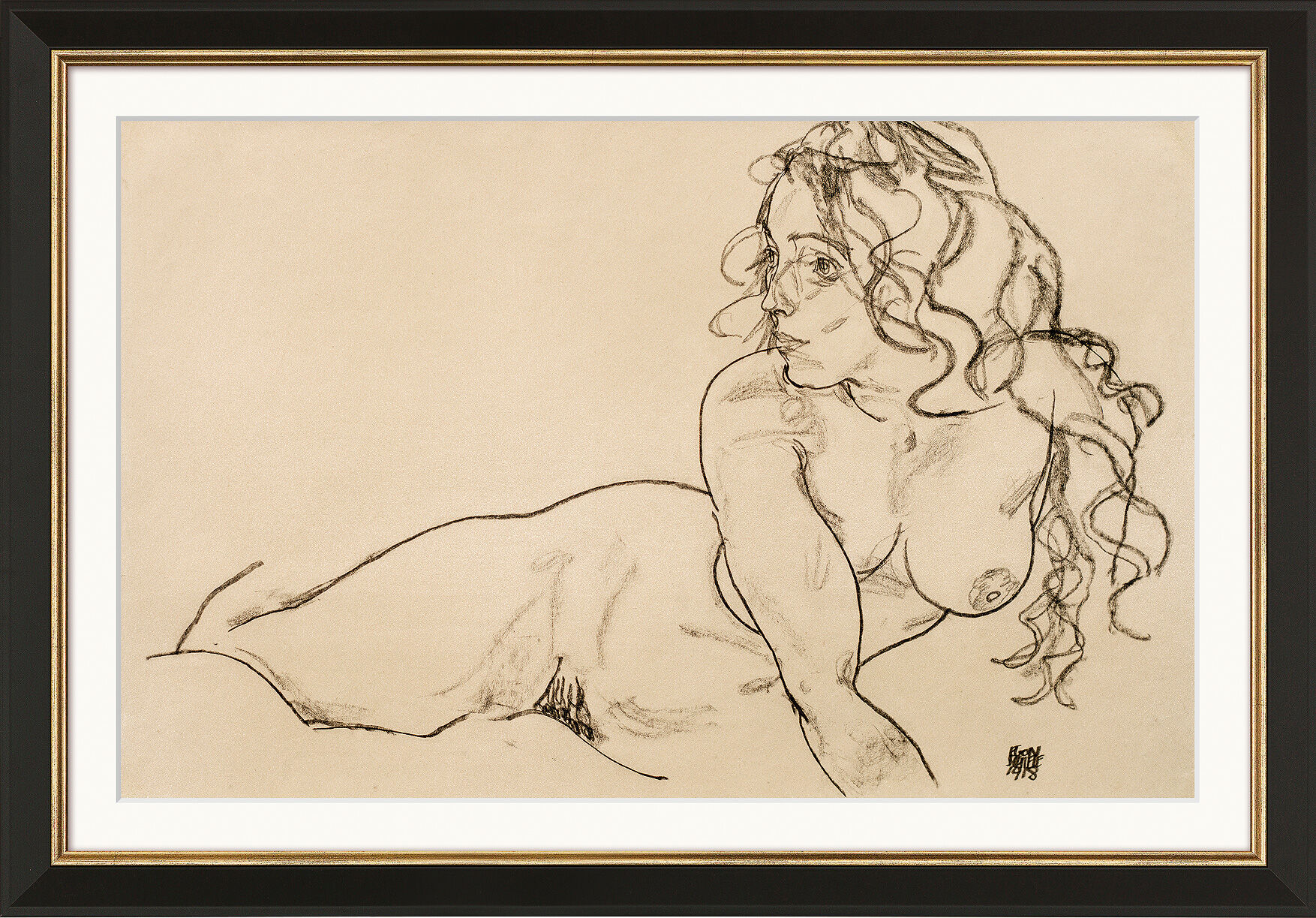 Tableau "Nu féminin reposant avec de longs cheveux" (1918), encadré von Egon Schiele