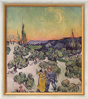 Tableau "Paysage avec couple se promenant et croissant de lune" (1889), encadré
