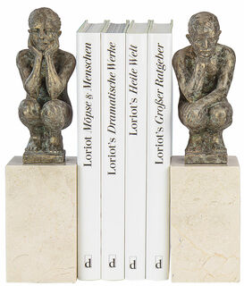 Paire de sculptures / serre-livres "Boy and Girl", aspect pierre moulée