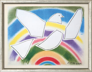 Tableau "Colombe volante dans l'arc-en-ciel" (1952), encadré von Pablo Picasso