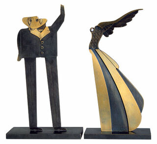 Groupe sculptural "Femme ailée et questionneur", bronze