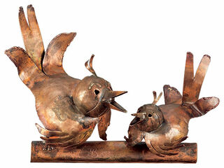 Sculpture "Couple de moineaux", cuivre