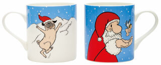 Set de 2 tasses avec motifs de l'artiste "Christmas Pug" & "Santa Claus", porcelaine