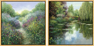 Ensemble de 2 tableaux "Chemin Fleurie en Provence" + "Etang avec pâturage"