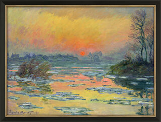 Tableau "Coucher de soleil sur la Seine en hiver" (1880), version encadrée noir et or von Claude Monet