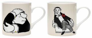 Ensemble de 2 tasses avec motifs de l'artiste "Le penseur" et "Gentleman dans un fauteuil", porcelaine